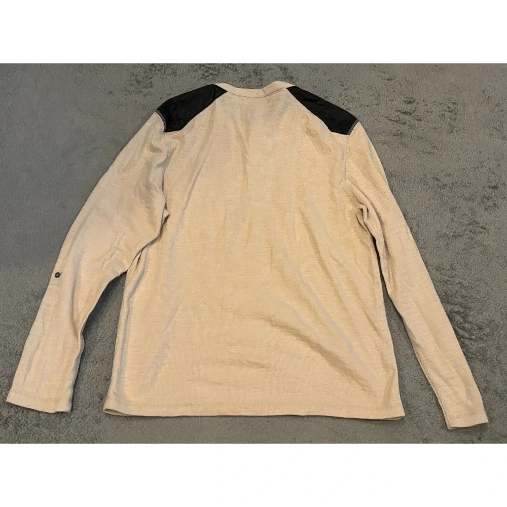 I.N.C Henley Shirt Mens XL Beige Zipper Chest Pocket Sueded Shoulder Waffle Knit